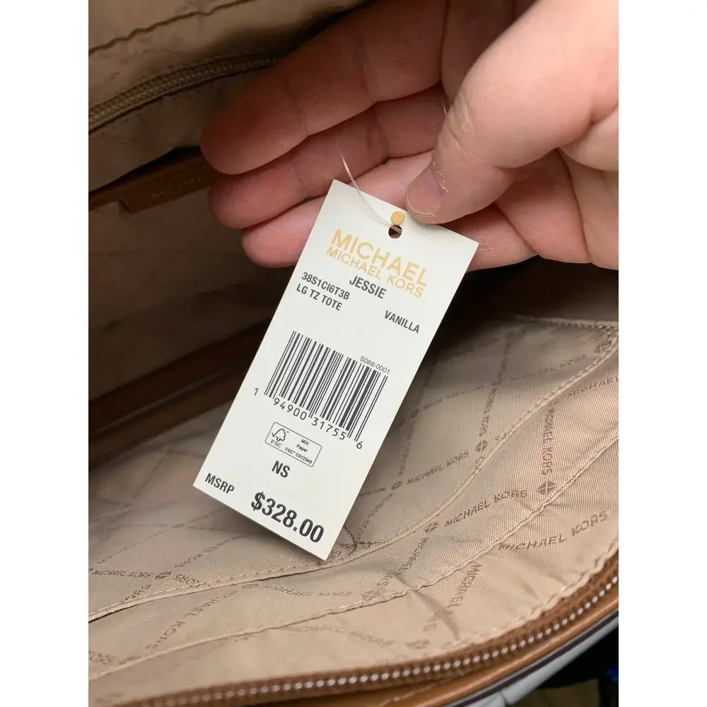 Michael Kors Jessie Large TZ Tote Zipper Closure Vanilla Light Brown NWT